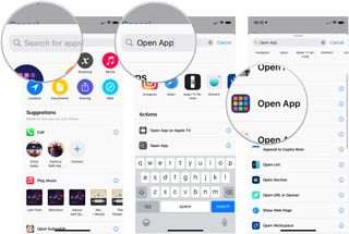 Add Camera-opening shortcut to Back Tap, showing how to tap the search bar, search for Open App, then tap Open App
