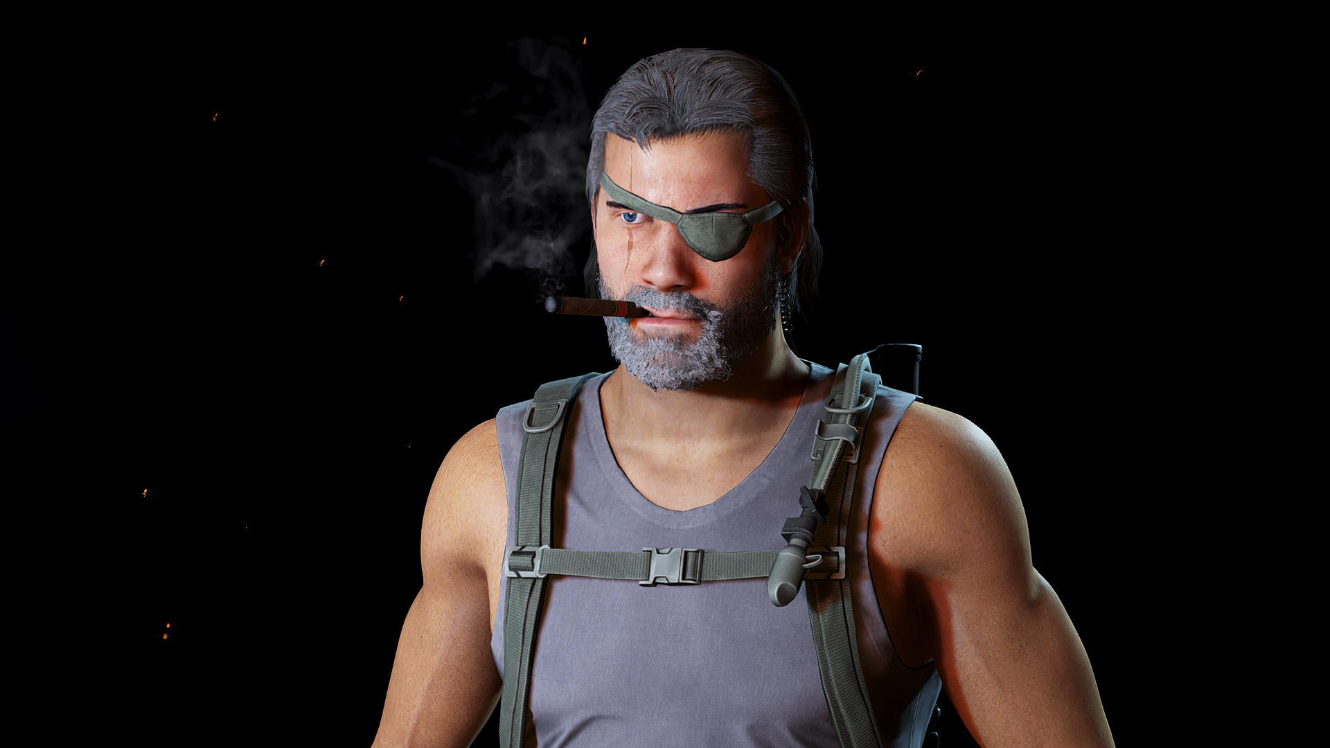 Nomad, the custom character leader of Ghost Squad, smokes a cigar and wears an eyepatch against a black background