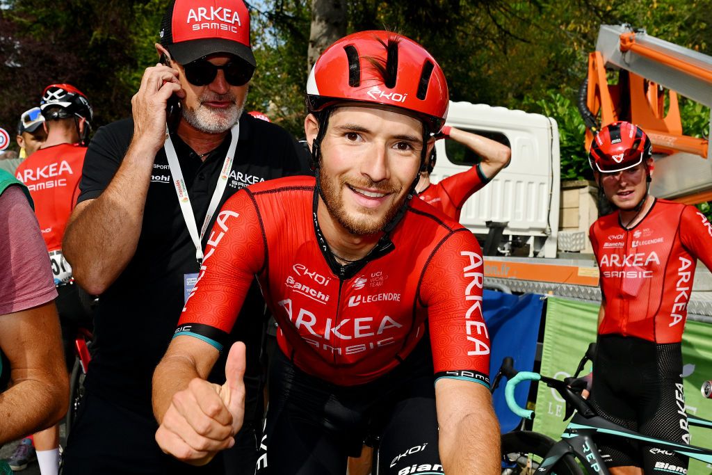 TRLISSAC FRANCE AUGUST 16 Stage winner Luca Mozzato of Italy and Team ArkaSamsic reacts after the 56th Tour du LimousinPerigord Nouvelle Aquitaine 2023 Stage 2 a 1856km stage from Excideuil to Trlissac on August 16 2023 in Trlissac France Photo by Dario BelingheriGetty Images