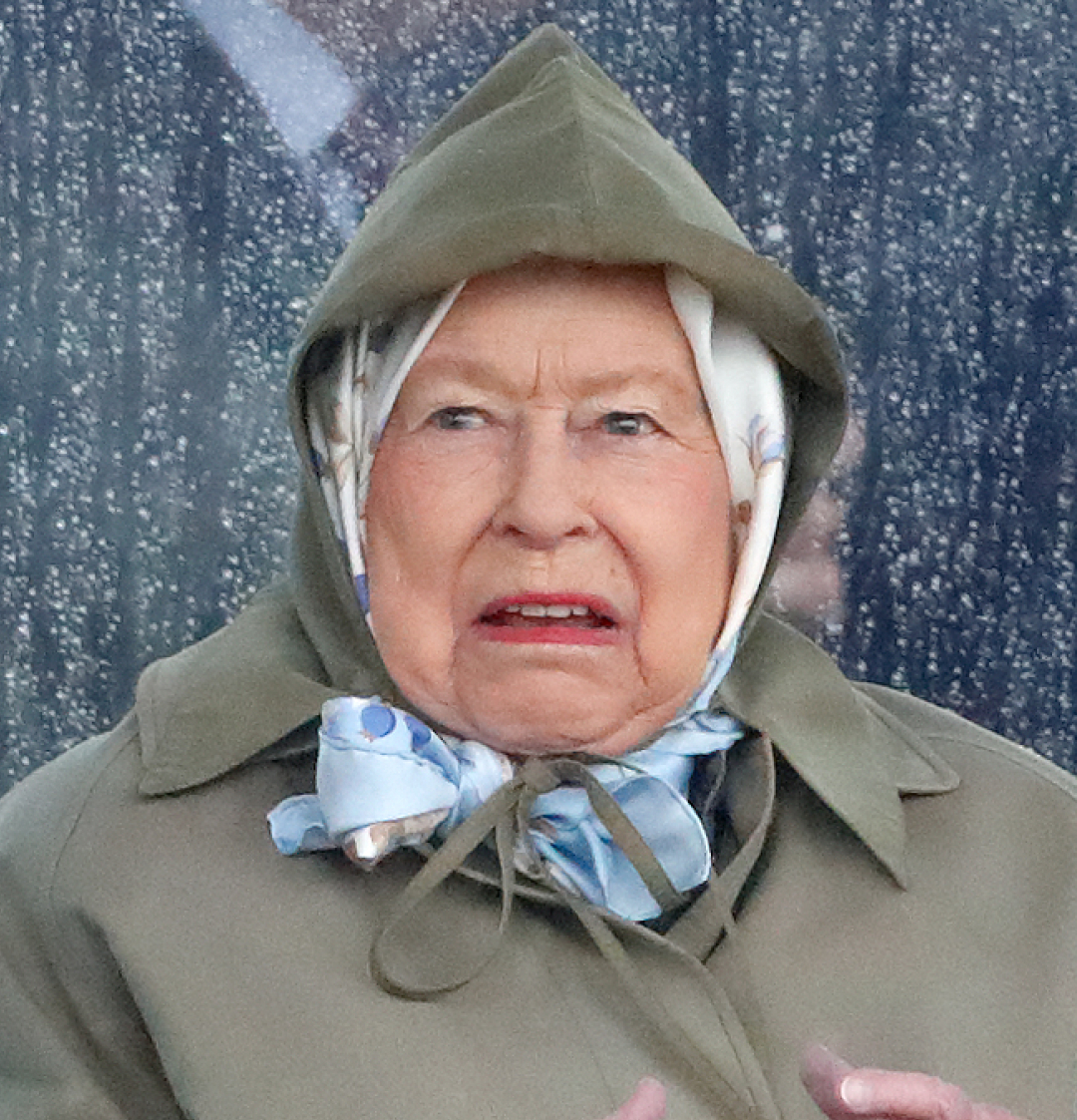 Queen Elizabeth wearing a raincoat with the hood up looking horrified as she watches her horses race