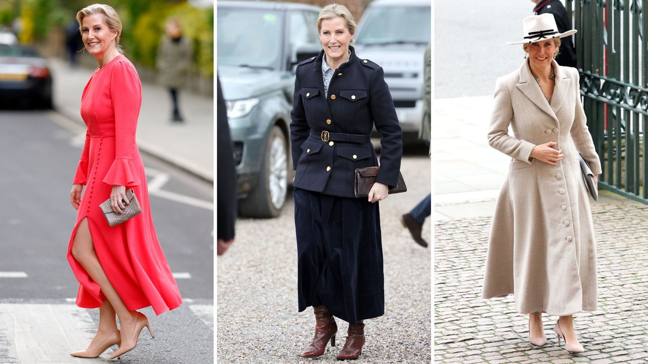 Composite of Duchess Sophie holding a clutch bag at the Abbey Road zebra crossing, at Yeo Valley Farm and at the Commonwealth Day service in 2024 