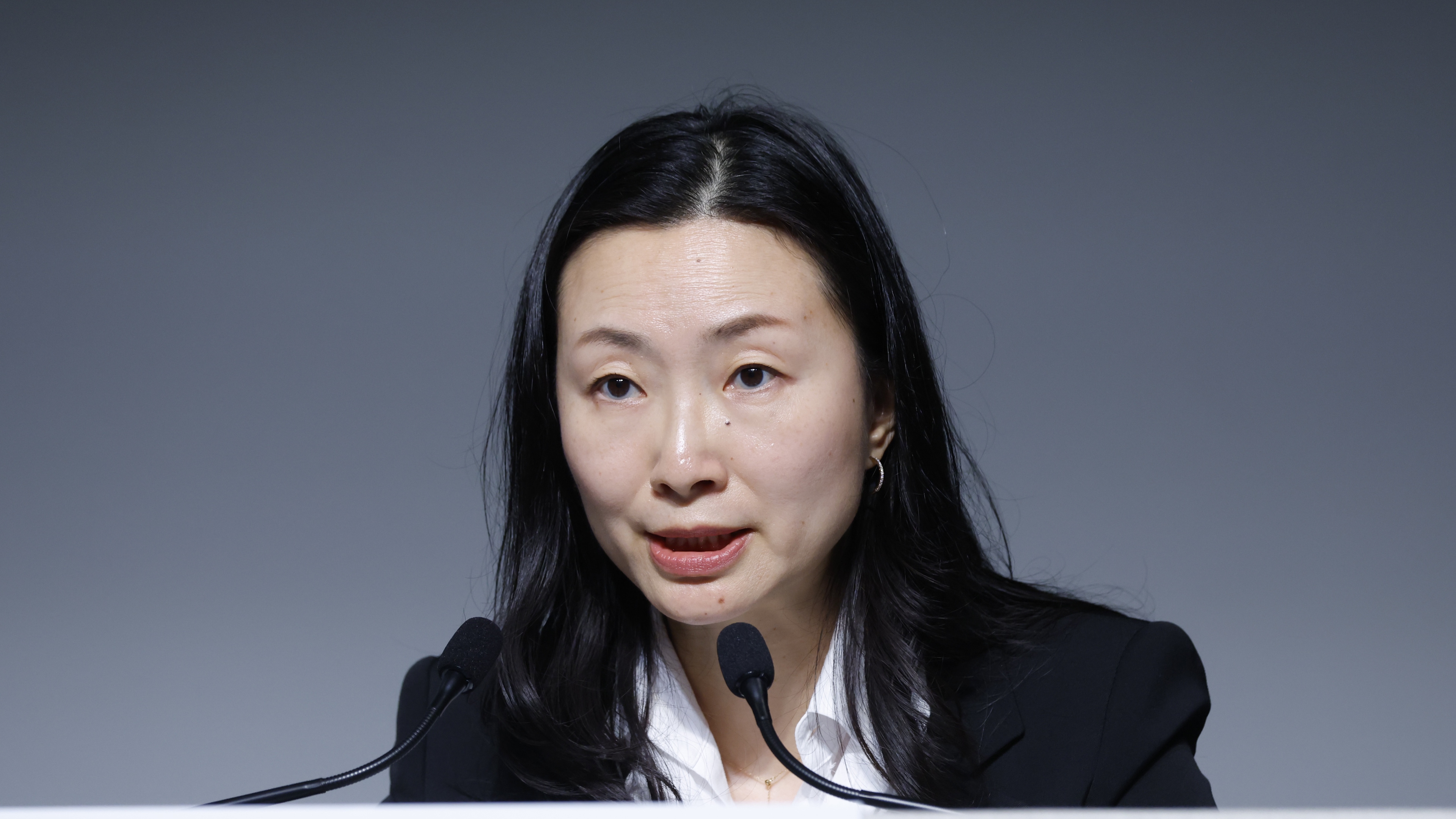 Lin Tao, chief financial officer of Sony Group Corp., speaks during a news conference at the company's headquarters in Tokyo, Japan, on Wednesday, May 14, 2025. Sony Group offered an underwhelming forecast for the year ahead, with the burden of US tariffs wiping out expectations for an increase in operating profit. Photographer: Kiyoshi Ota/Bloomberg via Getty Images
