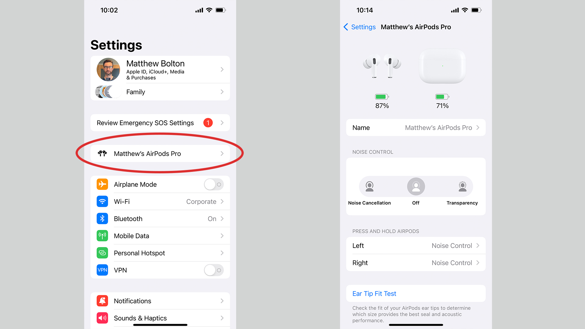 iOS 16 settings showing new AirPods shortcut