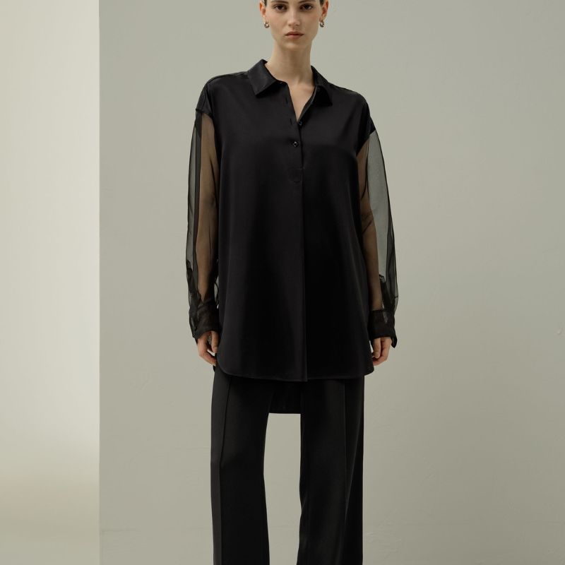 Silk Blouse With Organza Sleeves on model