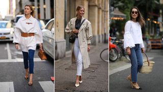 A composite of street style influencers showing jeans be business casual slim fit