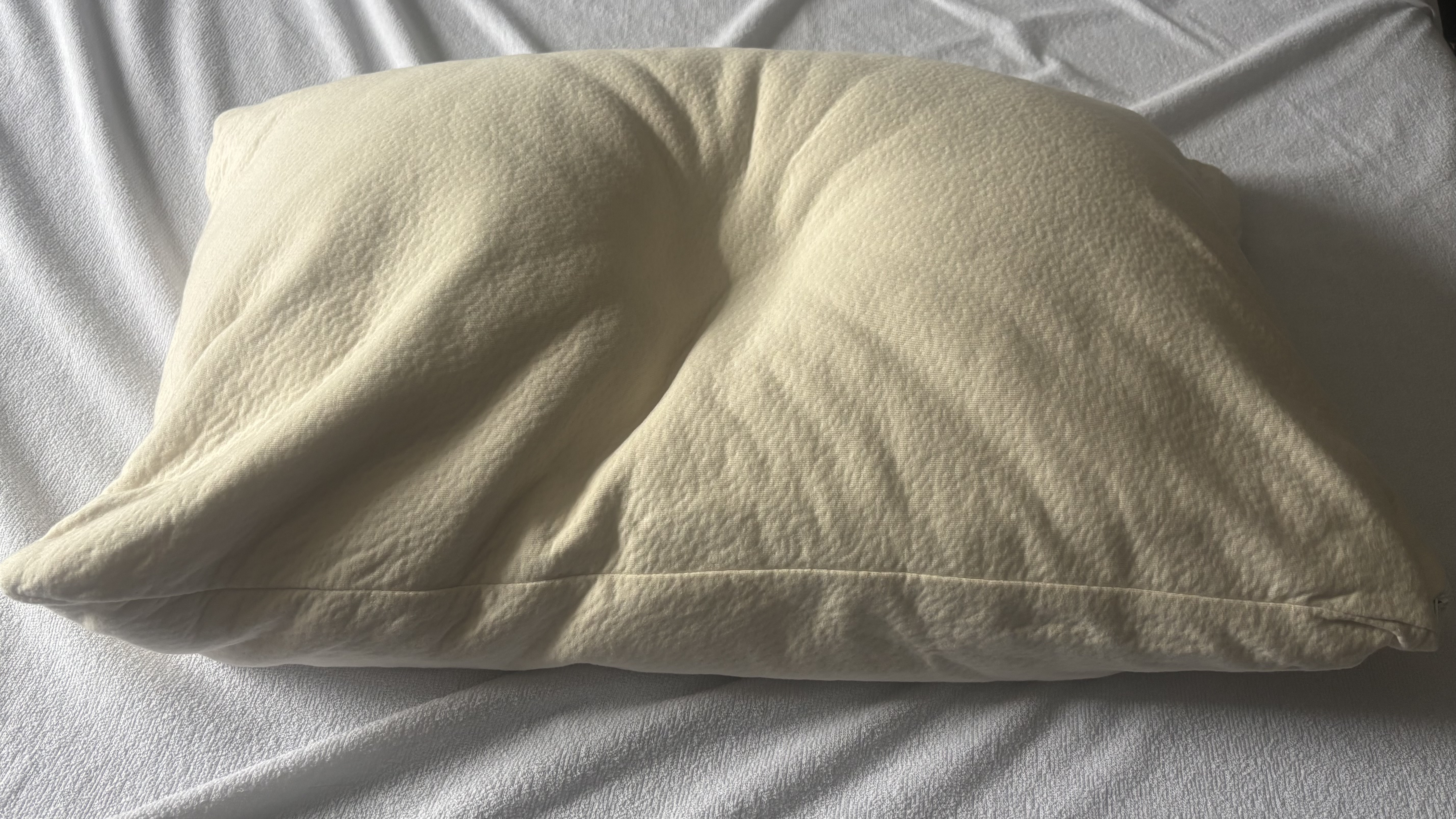 An indentation of where a 10lbs weight had been placed on the Birch Organic Pillow.