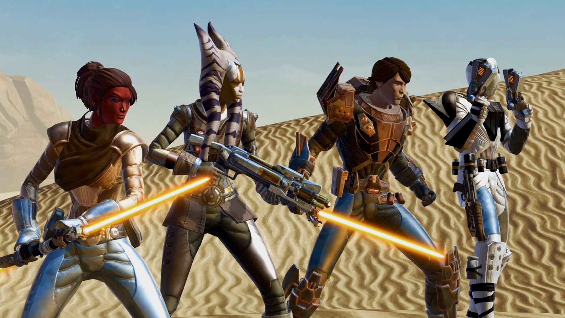 In 2011 MMORPG, Star Wars: The Old Republic, two Jedi stand alongside a bounty hunter and smuggler as they ready to fight