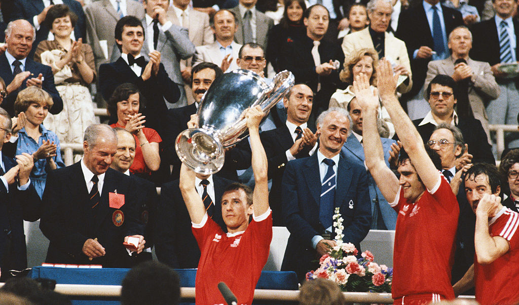 MUNICH, GERMANY - MAY 30: Nottingham Forest captain John McGovern lifts the trophy as team mates Larry Lloyd (c) and Frank Clark (r) look on after the 1979 European Cup Final between Nottingham Forest and Malmo at the Olympic Stadium on May 30, 1979 in Munich, Germany. (Photo by Allsport/Getty Images)