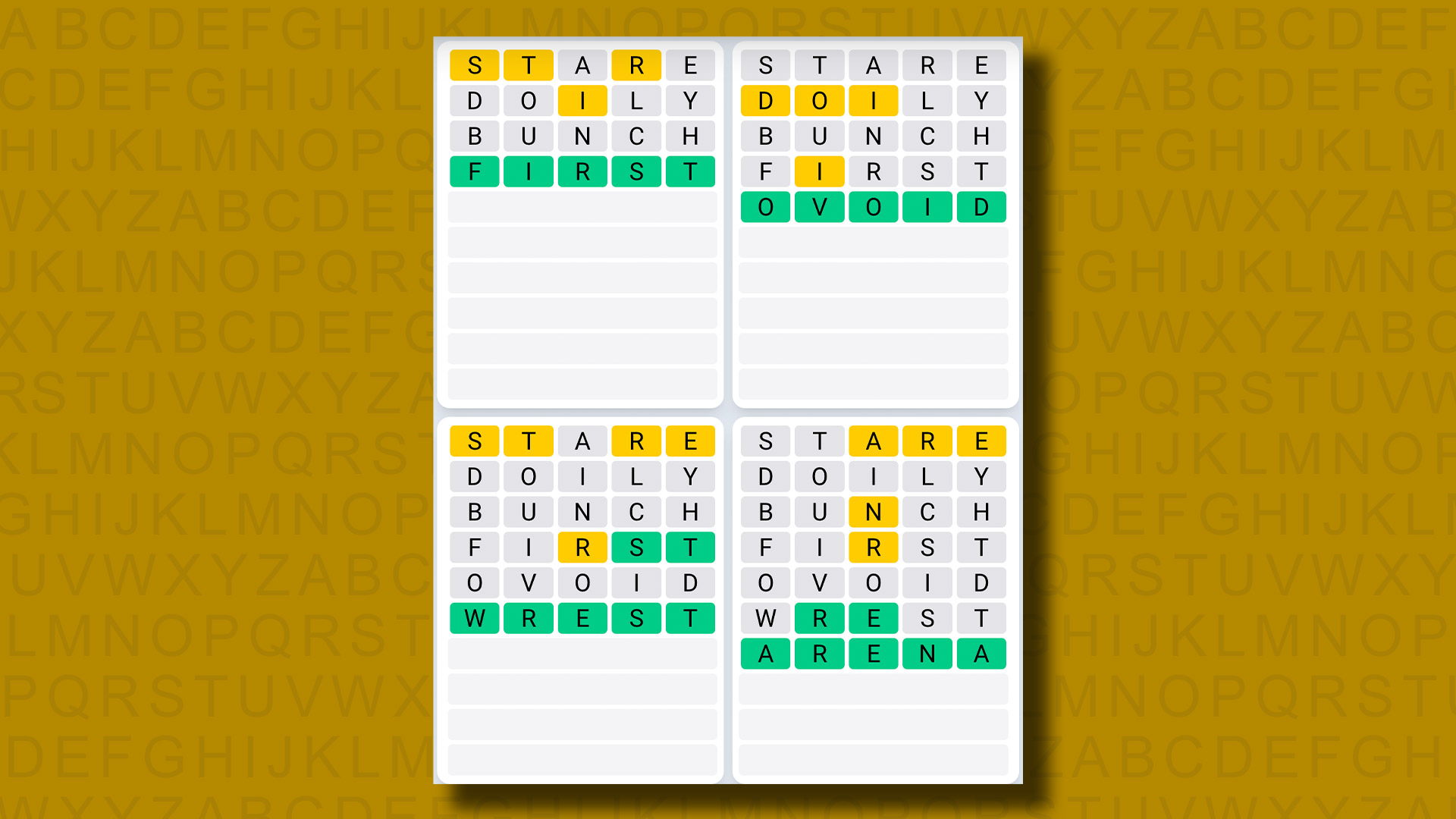 پاسخ Quordle Daily Sequence برای بازی 931 در پس زمینه زرد