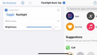 Shortcuts menu showing how to toggle flashlight with Back Tap