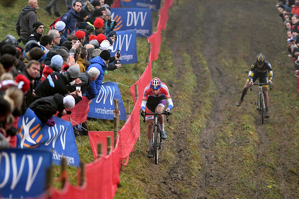 Van der Poel soloing through the Namur mud