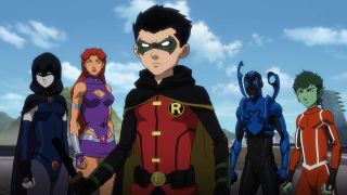 Raven, Beast Boy, Robin, Starfire and Blue Beetle in Justice League vs. Teen Titans