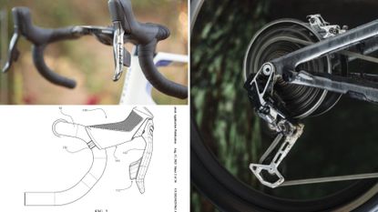 Image shows old SRAM red levers, SRAM patent, and SRAM XX Eagle AXS featuring Magic Wheel