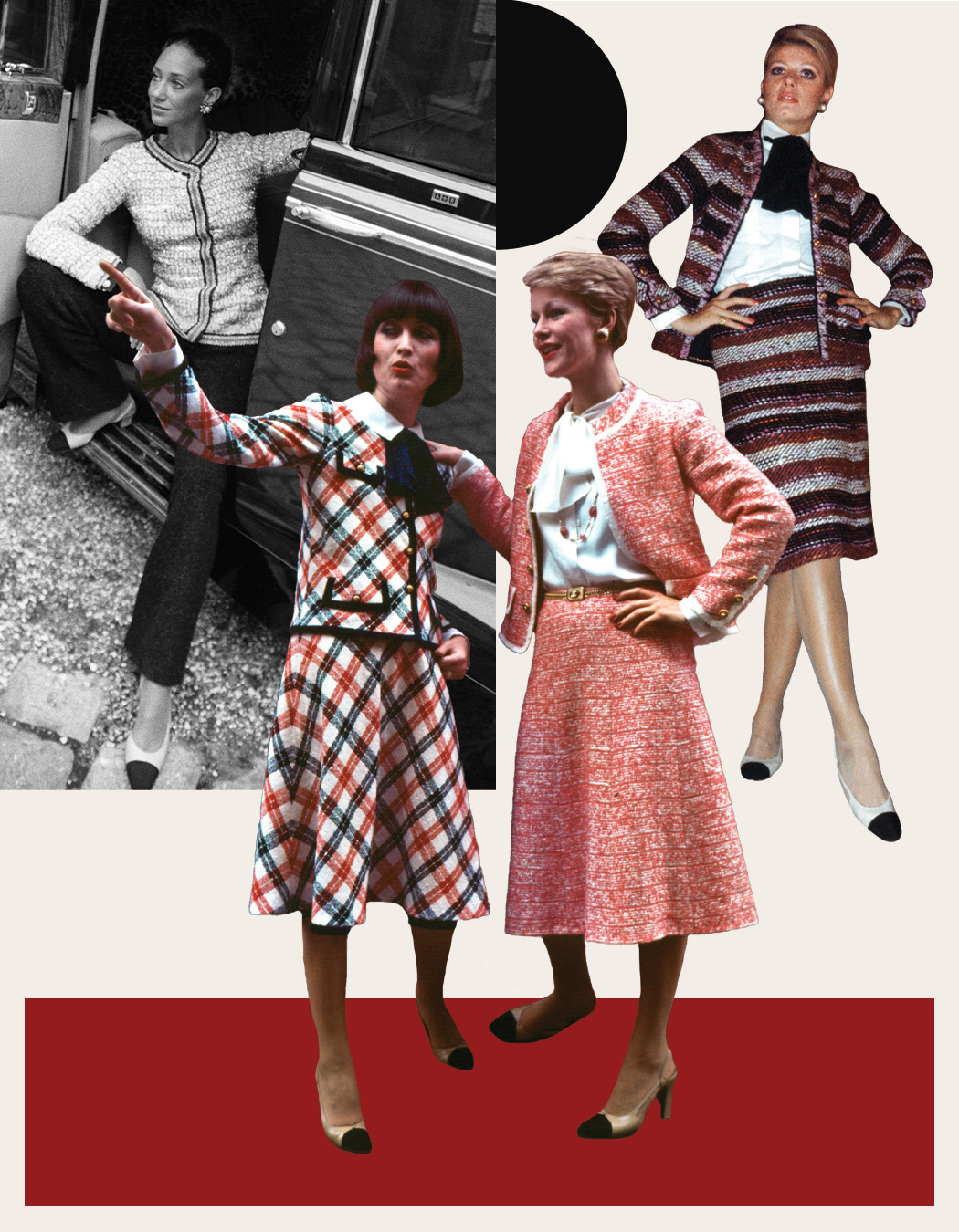 A collage of early Chanel slingbacks from 1957 onwards.