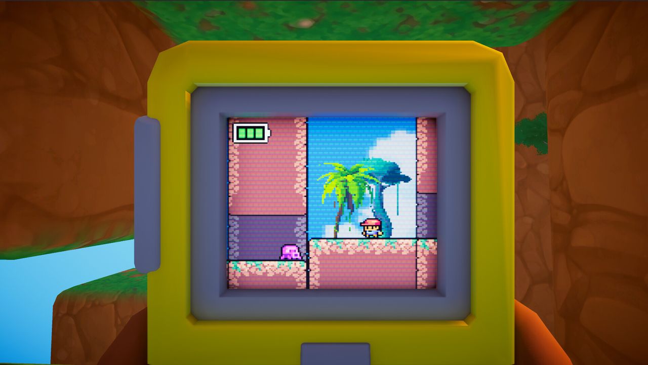Screenbound gameplay with game boy held up to screen showing 2d platformer in foreground, 3d in background