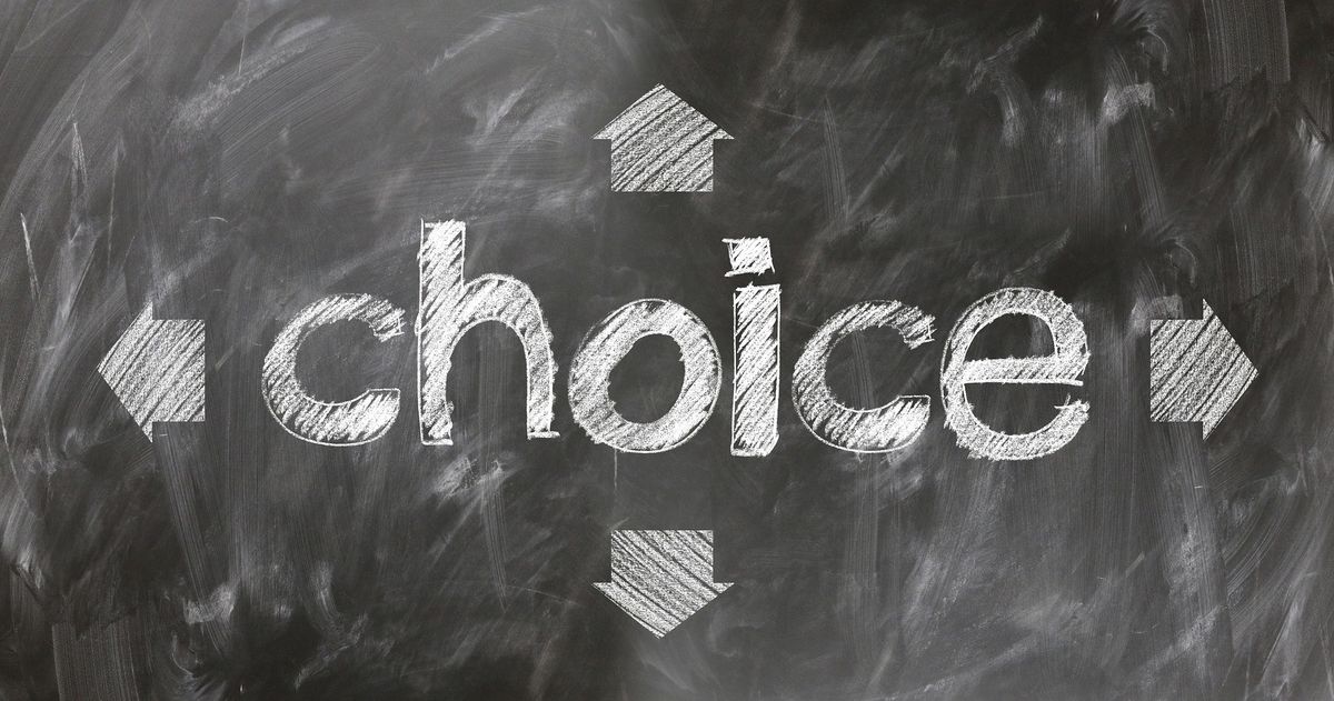 The word &quot;choice&quot; written on a chalkboard surrounded by letters.