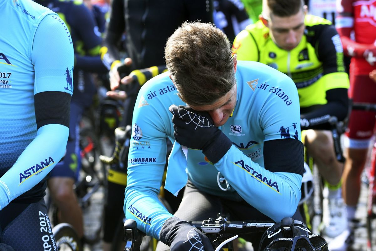 Jakob Fuglsang (Astana) at the start of Li&egrave;ge-Bastogne-Li&egrave;ge remembering Michele Scarponi