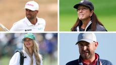 Split image of Wyndham Clark, girlfriend Emily Tanner, mental coach Julie Elion, and putting coach Mike Kanski