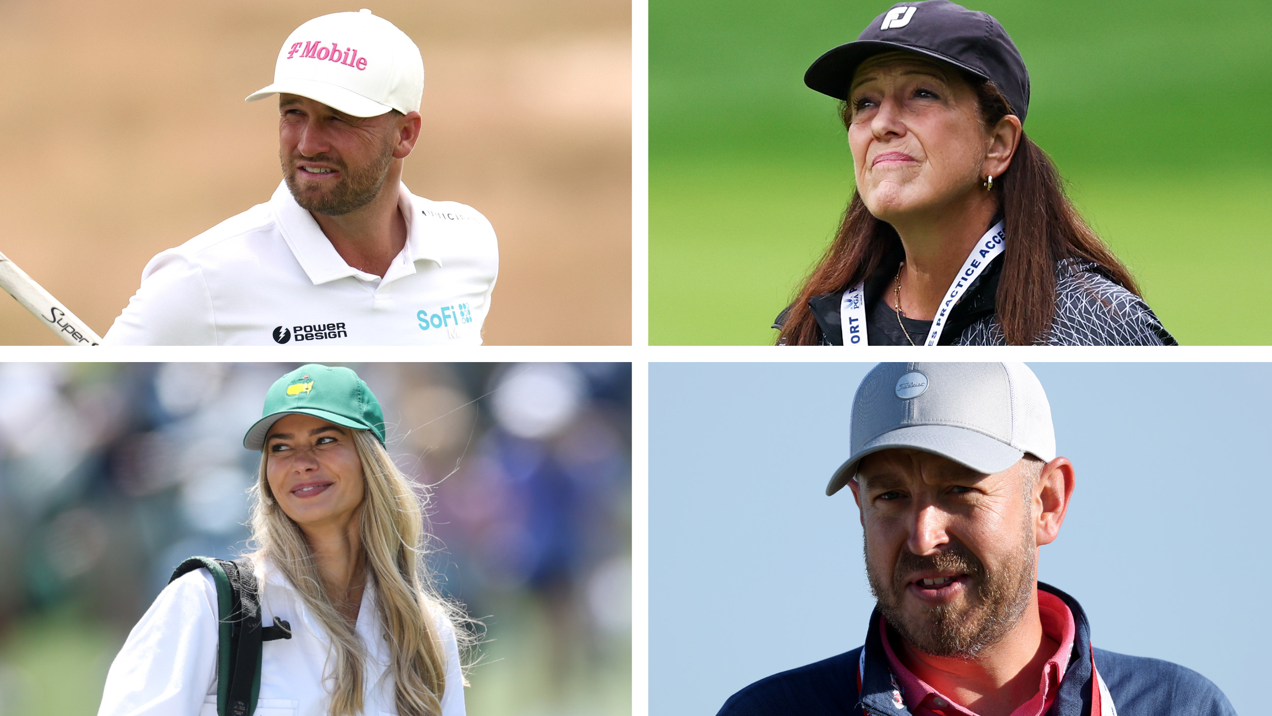 Split image of Wyndham Clark, girlfriend Emily Tanner, mental coach Julie Elion, and putting coach Mike Kanski