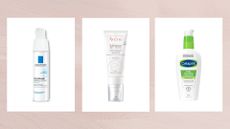 Collage of three of the best moisturisers for sensitive featured in this guide from (left to right) La Roche-Posay, Avène and Cetaphil, set against a dusky pink watercolour-style background