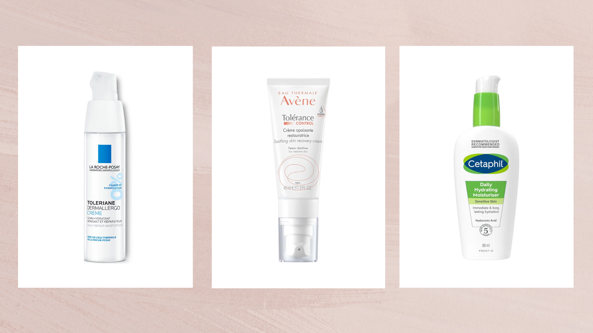 Collage of three of the best moisturisers for sensitive featured in this guide from (left to right) La Roche-Posay, Avène and Cetaphil, set against a dusky pink watercolour-style background