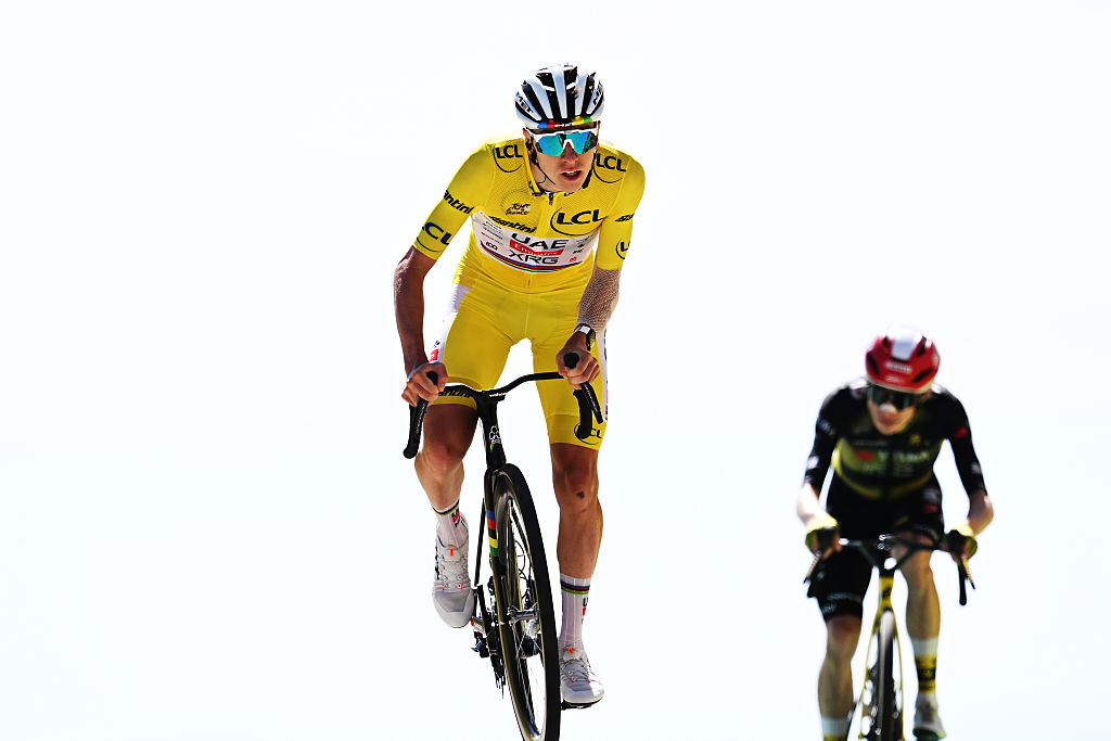 MONT VENTOUX, FRANCE - JULY 22: Tadej Pogacar of Slovenia and UAE Team Emirates - XRG - Yellow leader jersey crosses the finish line ahead of Jonas Vingegaard of Denmark and Team Visma | Lease a Bike during the 112th Tour de France 2025, Stage 16 a 171.5km stage from Montpellier to Mont Ventoux 1902m / #UCIWT / on July 22, 2025 in Mont Ventoux, France. (Photo by Tim de Waele/Getty Images)