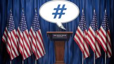 Photo illustration shows a podium surrounded by U.S. flags with a speech bubble the reads "#."