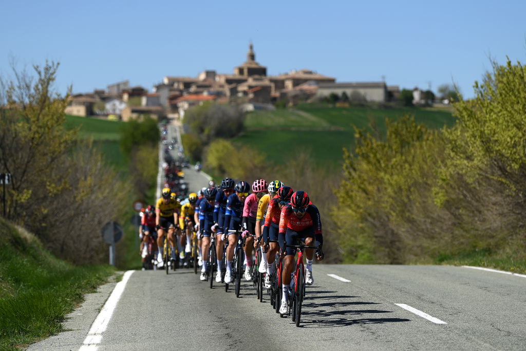 LEITZA SPAIN APRIL 04 Brandon Rivera of Colombia and Team INEOS Grenadiers leads the peloton during the 62nd Itzulia Basque Country 2023 Stage 2 a 1938km stage from Viana to Leitza UCIWT on April 04 2023 in Leitza Spain Photo by David RamosGetty Images