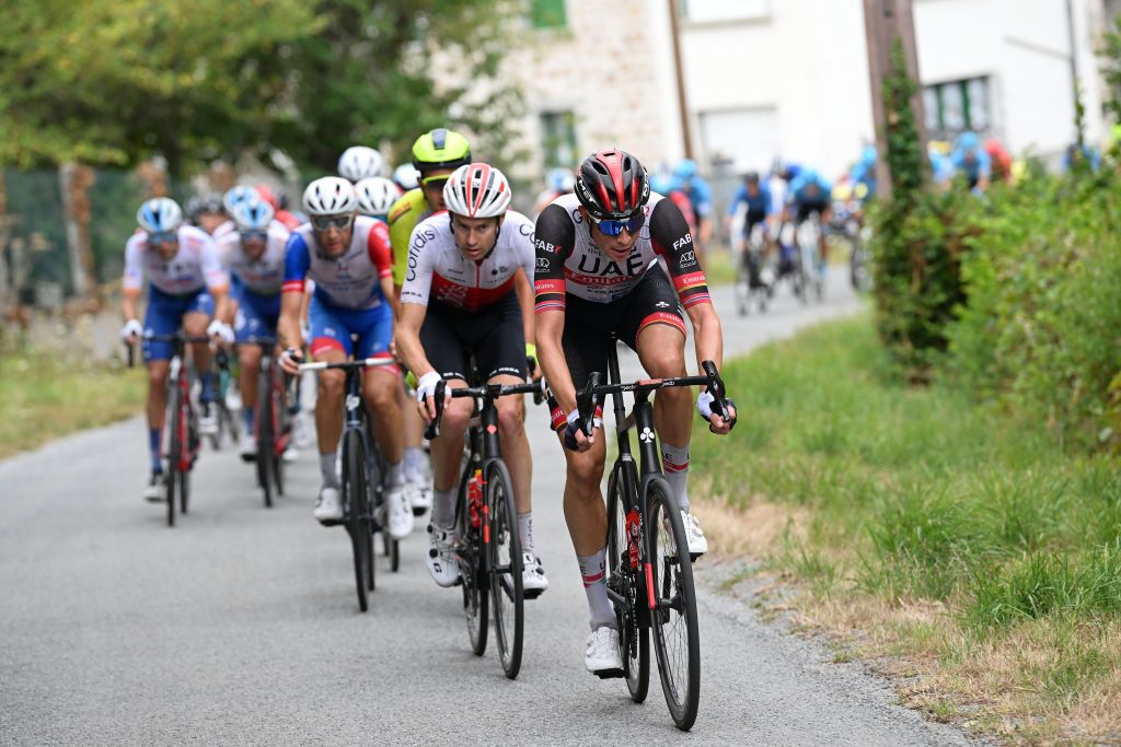 LA SOUTERRAINE FRANCE AUGUST 16 Vegard Stake Laengen of Norway and UAE Team Emirates leads the peloton during the 55th Tour du Limousin Nouvelle Aquitaine 2022 Stage 1 a 1764km stage from VerneuilsurVienne to La Souterraine 385m TDL2022 on August 16 2022 in La Souterraine France Photo by Dario BelingheriGetty Images