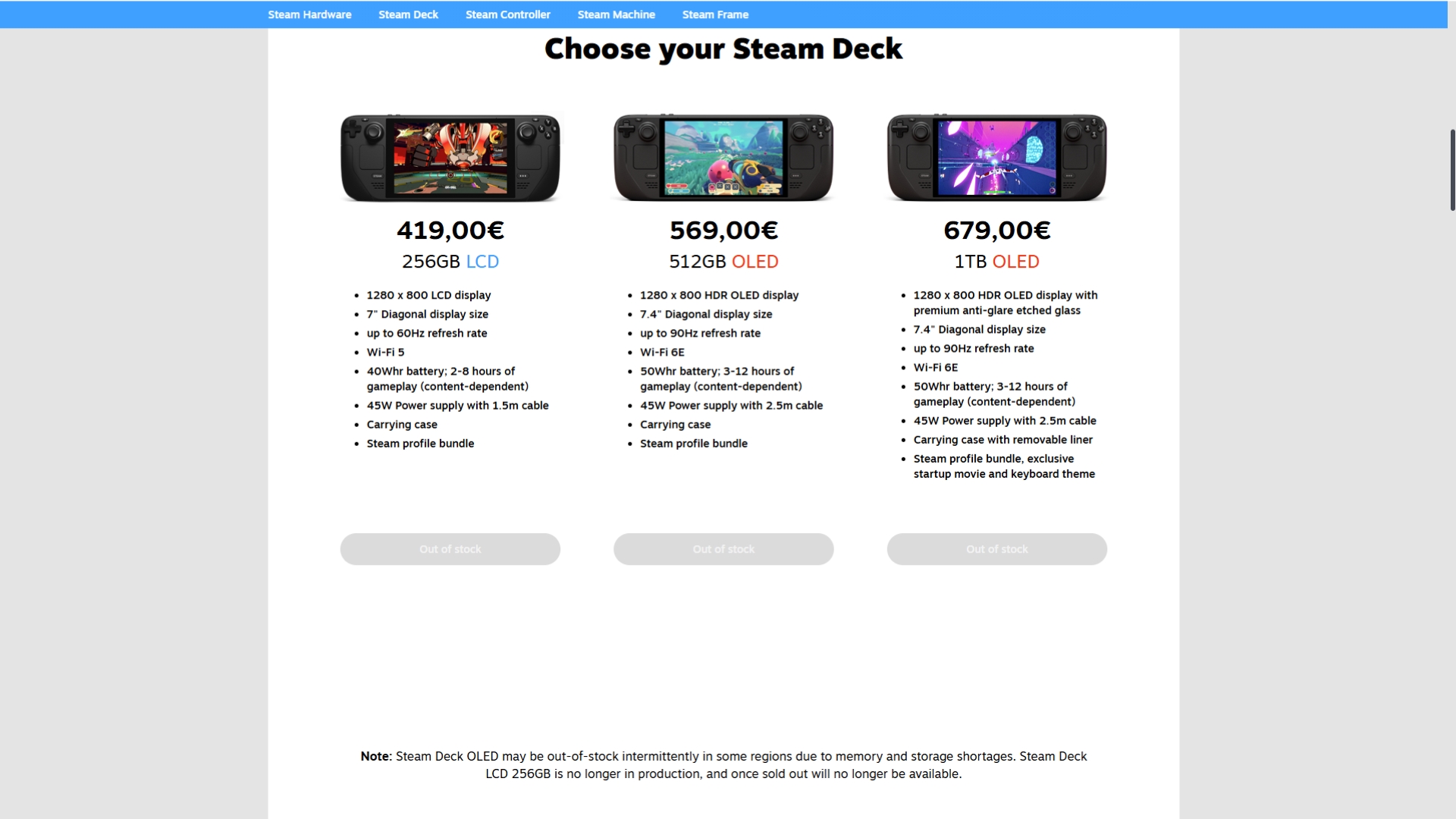 صفحة متجر Steam Deck في ألمانيا