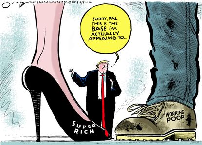 Political cartoon U.S. Trump rich poor base heel
