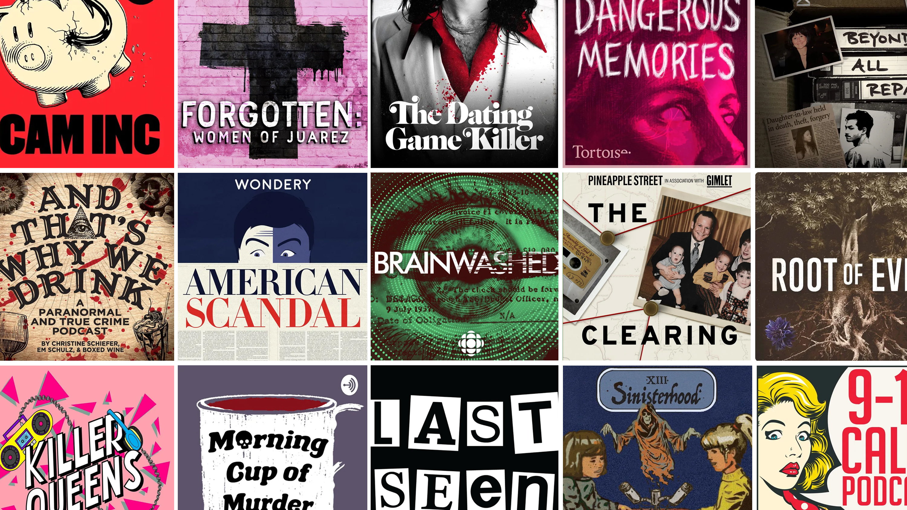 a collage of the best true crime podcast header thumbnail images including brainwashed american scandal killer queens morning cup of murder and many others