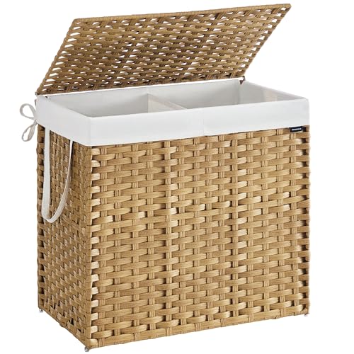 Songmics Laundry Basket, 160 L Synthetic Rattan Storage Basket With Lid and Handles, Wicker, Foldable, Removable Liners, for Blankets, Clothes, Living Room, Laundry Room, Natural Colour Lcb216y01