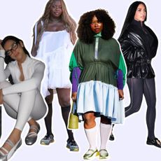 a collage of women wearing Mary Jane sneakers, including fashion week guests, Jennifer Lawrence, Dua Lipa, and Kim Kardashian.
