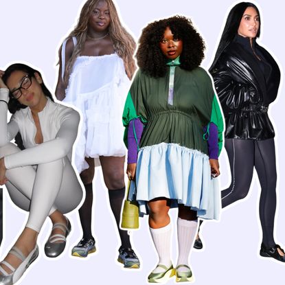 a collage of women wearing Mary Jane sneakers, including fashion week guests, Jennifer Lawrence, Dua Lipa, and Kim Kardashian.