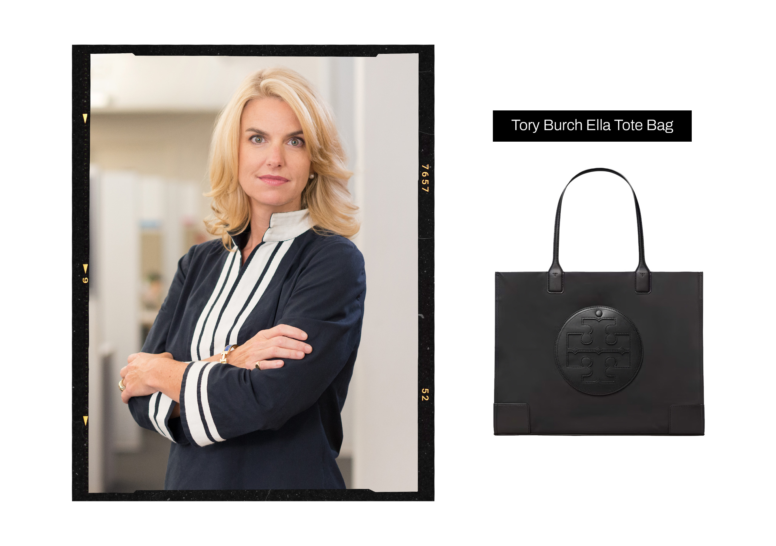 Headshot of Sarah Kate Ellis within a black film frame next to a product image of a work bag
