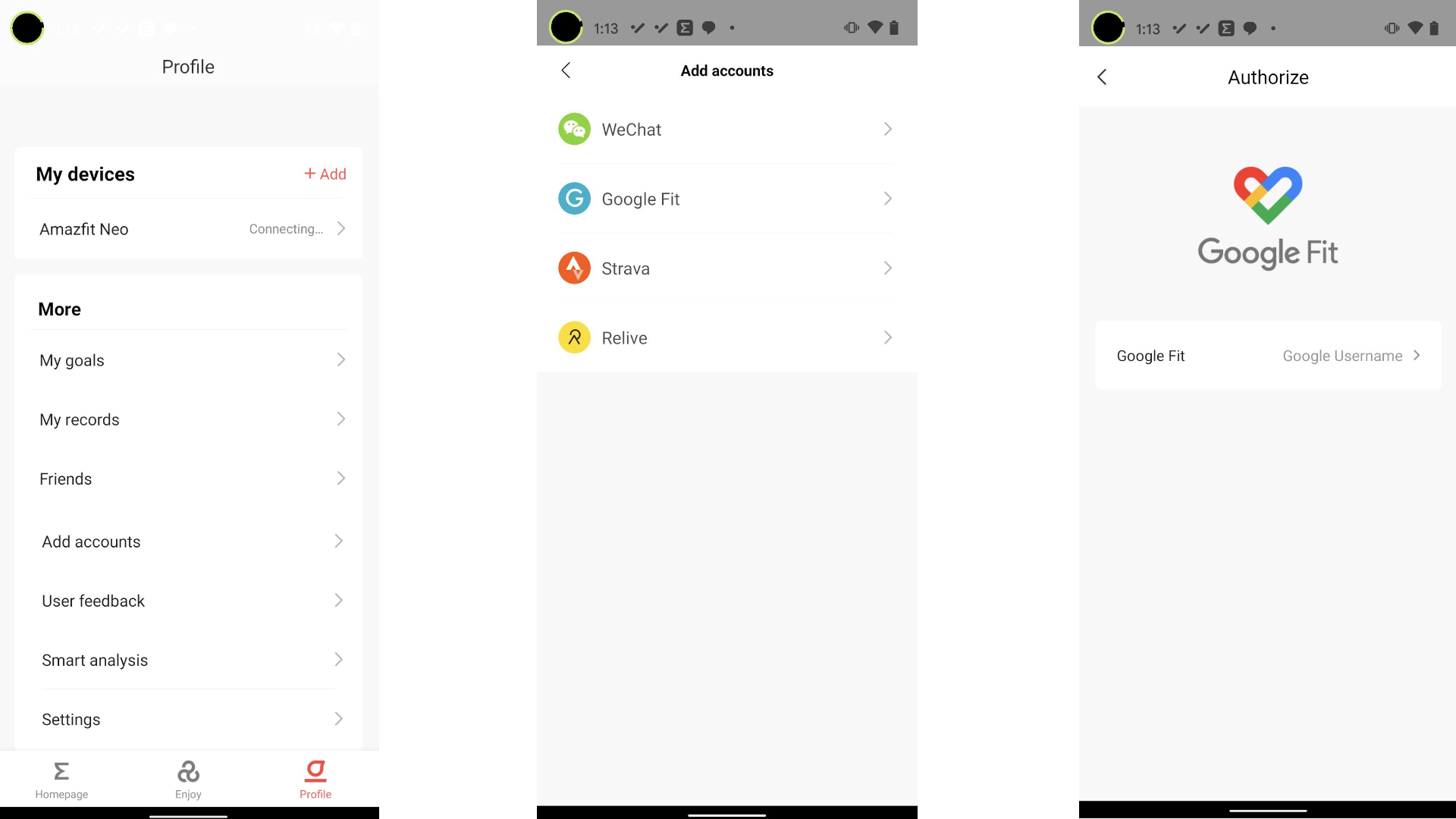 Amazfit app Google Fit sync