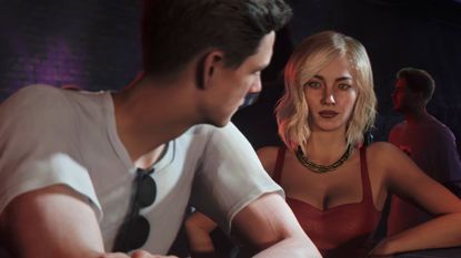 007 First Light James Bond talking to blonde woman in red dress at a bar