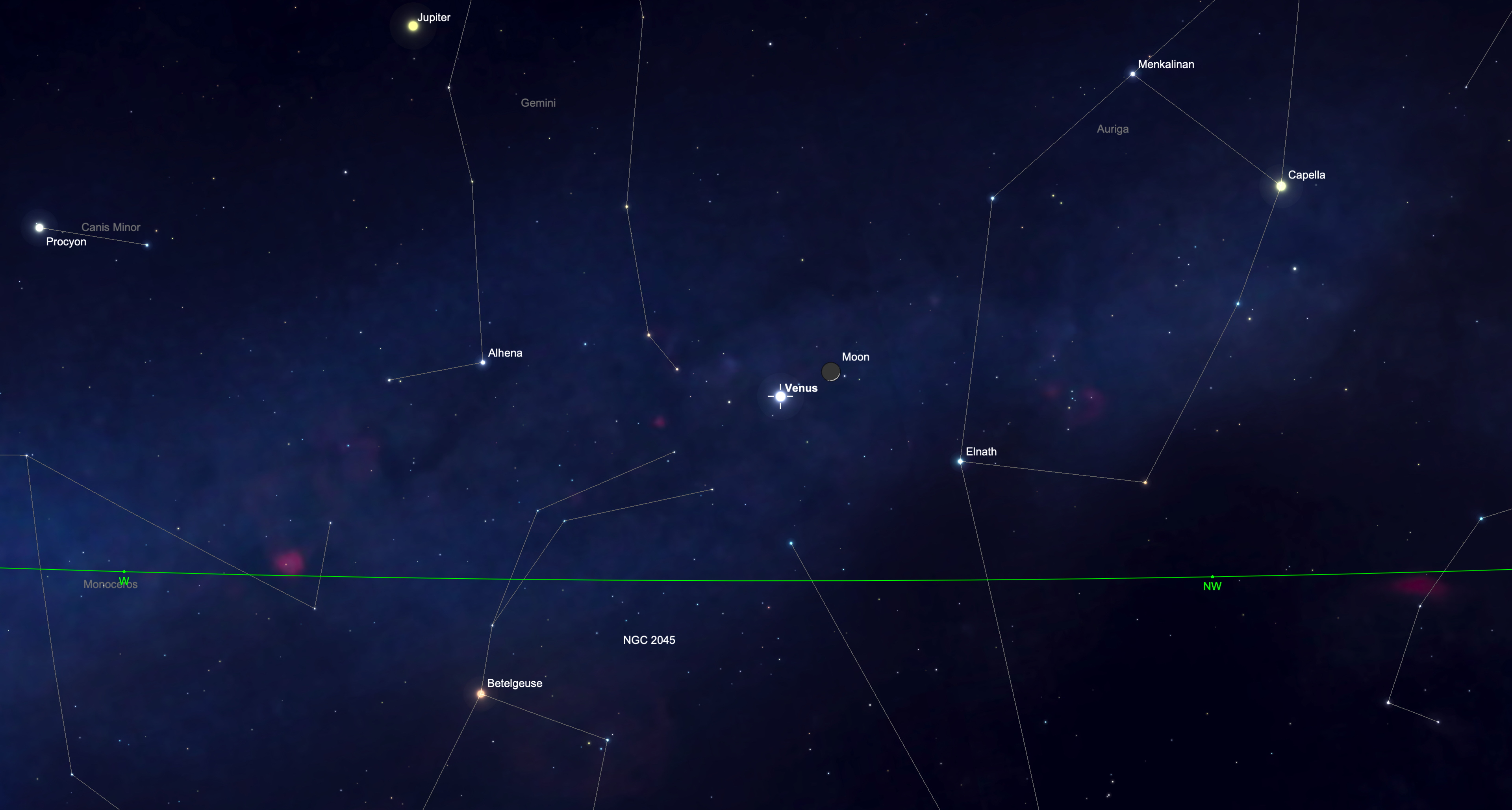The crescent moon appears close to bright Venus in the evening sky against a backdrop of stars.