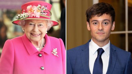 Picture of Queen Elizabeth as she arrives to open the Alexandra Gardens Bandstand in 2016 next to a picture of Tom Daley at Buckingham Palace in November 2022