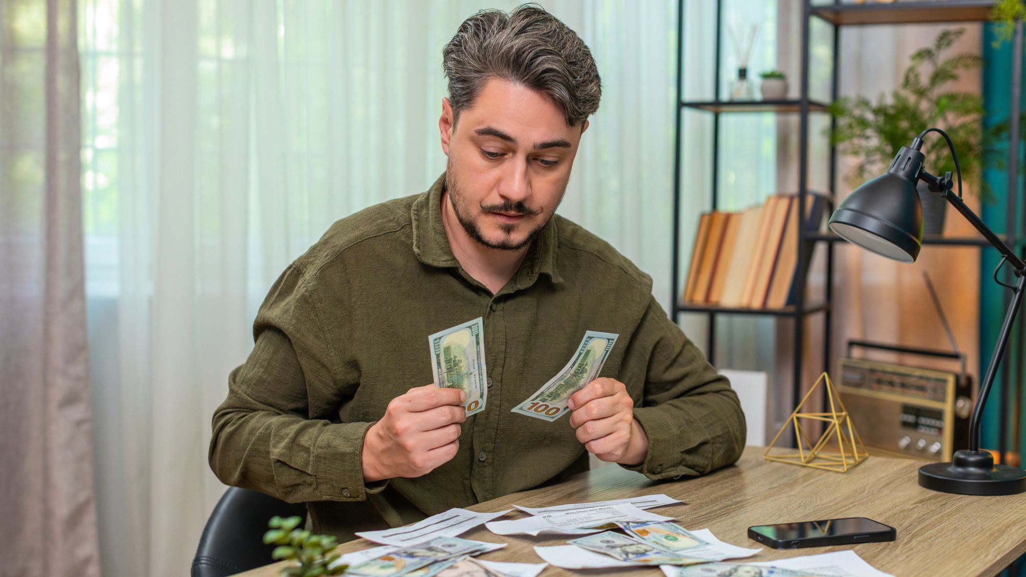 A man is going over his budget and paying bills. 