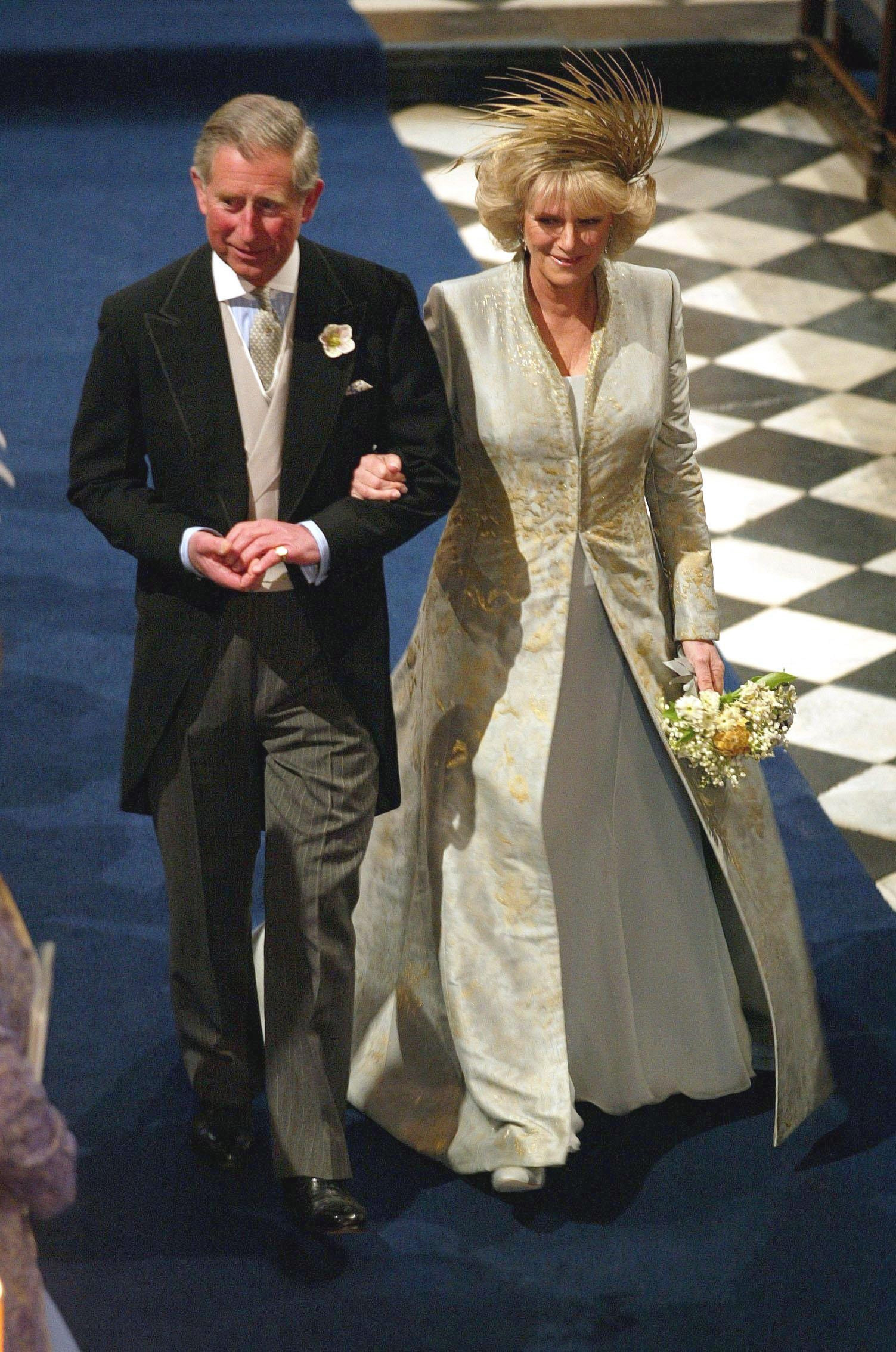 Queen Camilla walking down the aisle with King Charles on their wedding day