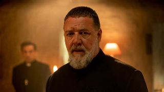 Russell Crowe done up like a priest for The Pope's Exorcist