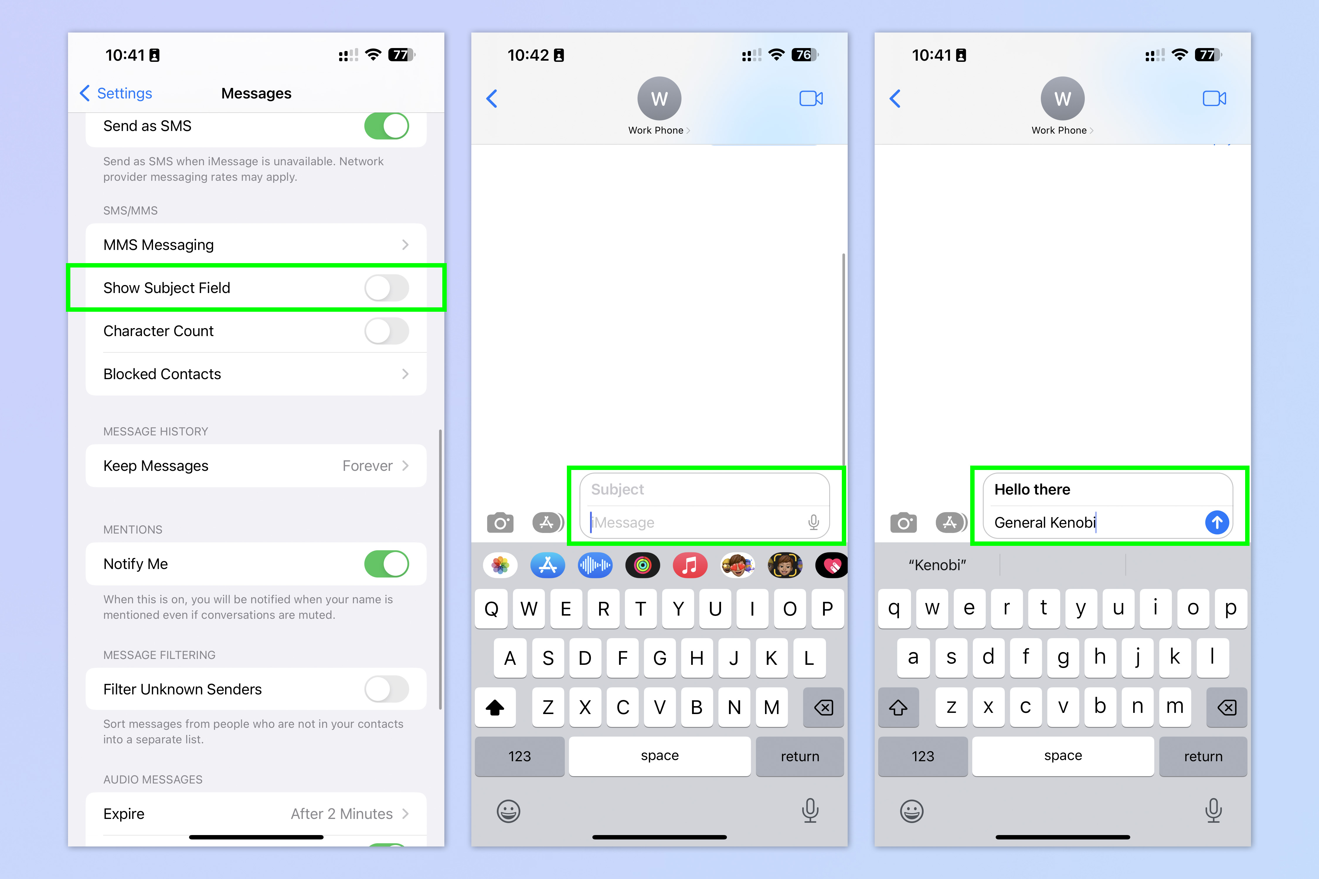 Una captura de pantalla que muestra las funciones ocultas de los mensajes de iOS