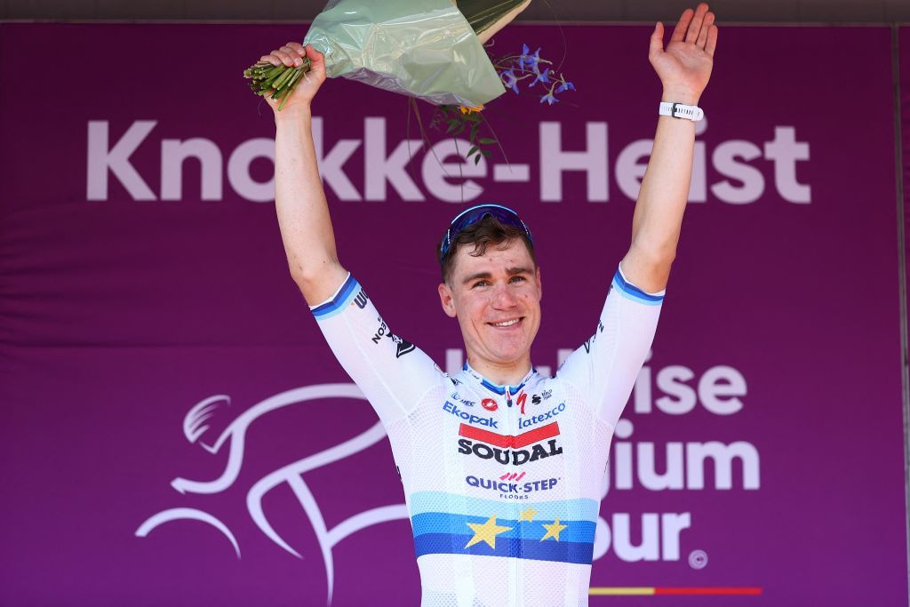 Dutch Fabio Jakobsen of Soudal QuickStep celebrates on the podium after winning the second stage of the Baloise Belgium Tour cycling race from Merelbeke to KnokkeHeist 1757km on June 15 2023 Photo by DAVID PINTENS Belga AFP Belgium OUT Photo by DAVID PINTENSBelgaAFP via Getty Images