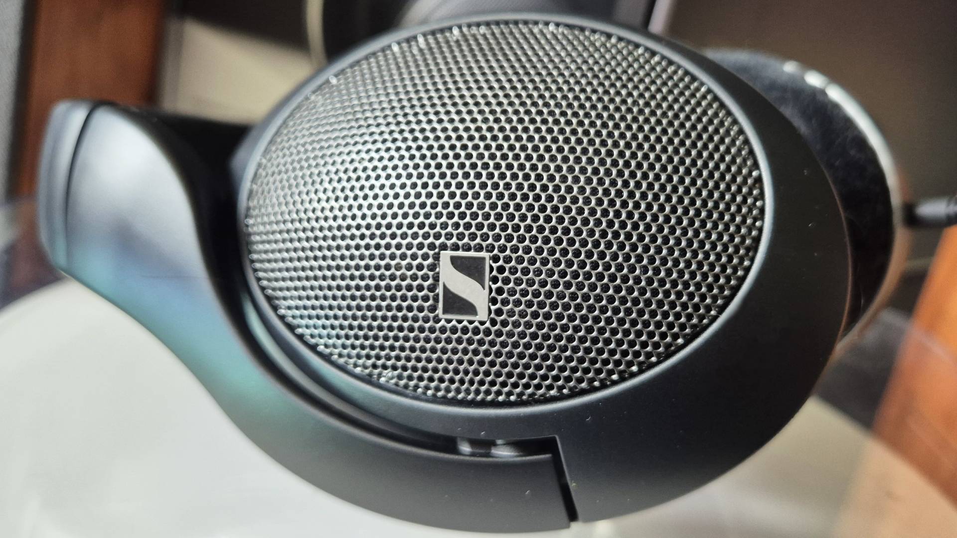 Close of the open-back grill of the Sennheiser HD 550 headphones, taken by writer Rosalie Newcombe.