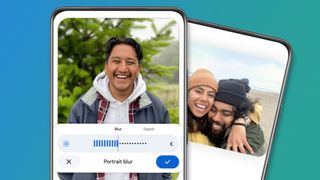 Two Android phones on a blue and green background showing the Google Photos AI editor