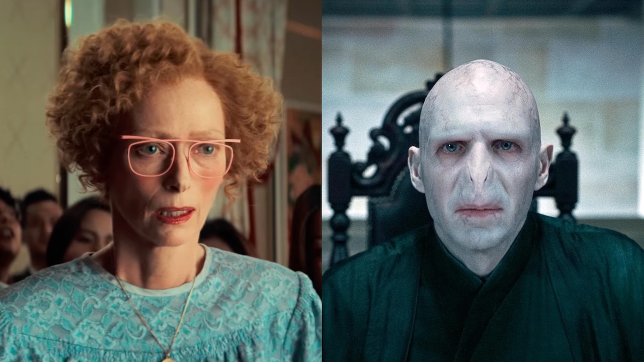 Tilda Swinton in Ballad of a Small Player, and Voldemort from the Harry Potter movies