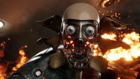 A robot from Atomic Heart, showing under its faceplate, with fire in the background