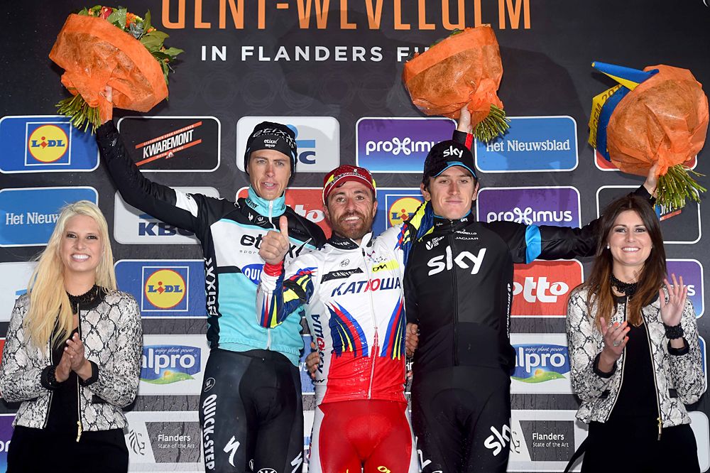 Luca Paolini (Katusha) wins Gent-Wevelgem ahead of Niki Terpstra (Etixx-QuickStep) and Geraint Thomas (Team Sky)